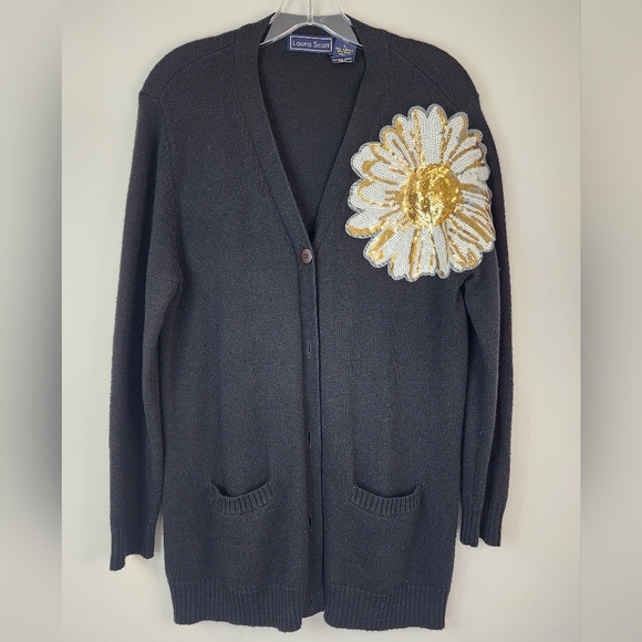 Laura Scott Upcycle Black Knit Lg Cardigan W/ Flower, Size LG - Picture 8 of 9